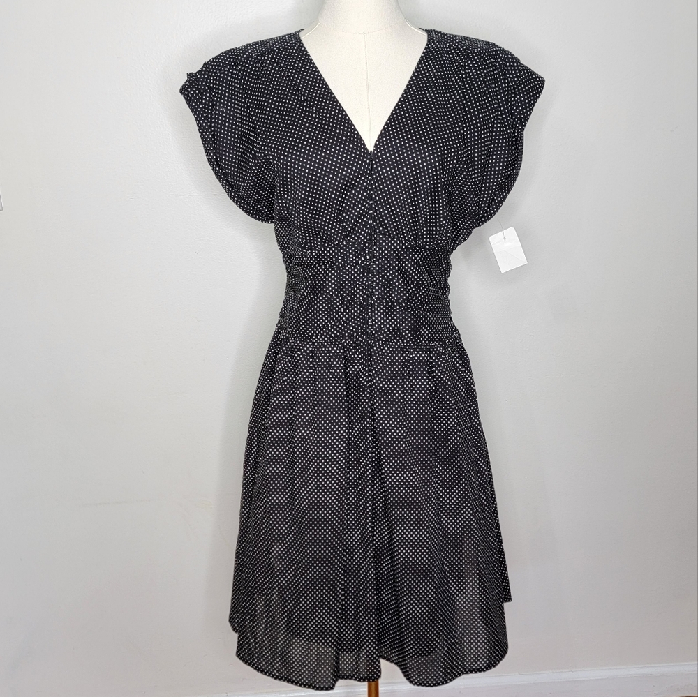 Polka dot Black White Dress rouched Cap sleeve Size 10 Retro / Pinup look
